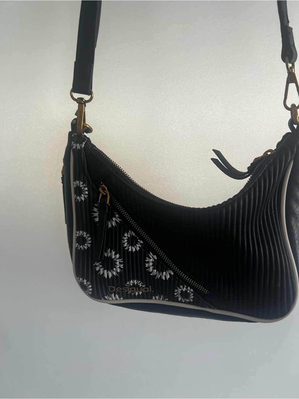 DESIGUAL Black Shoulder Bag with White Floral Ring Accents